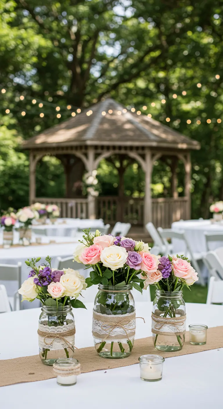 Table de réception de mariage sous un gazebo, bocaux de roses et chemin de table en jute.