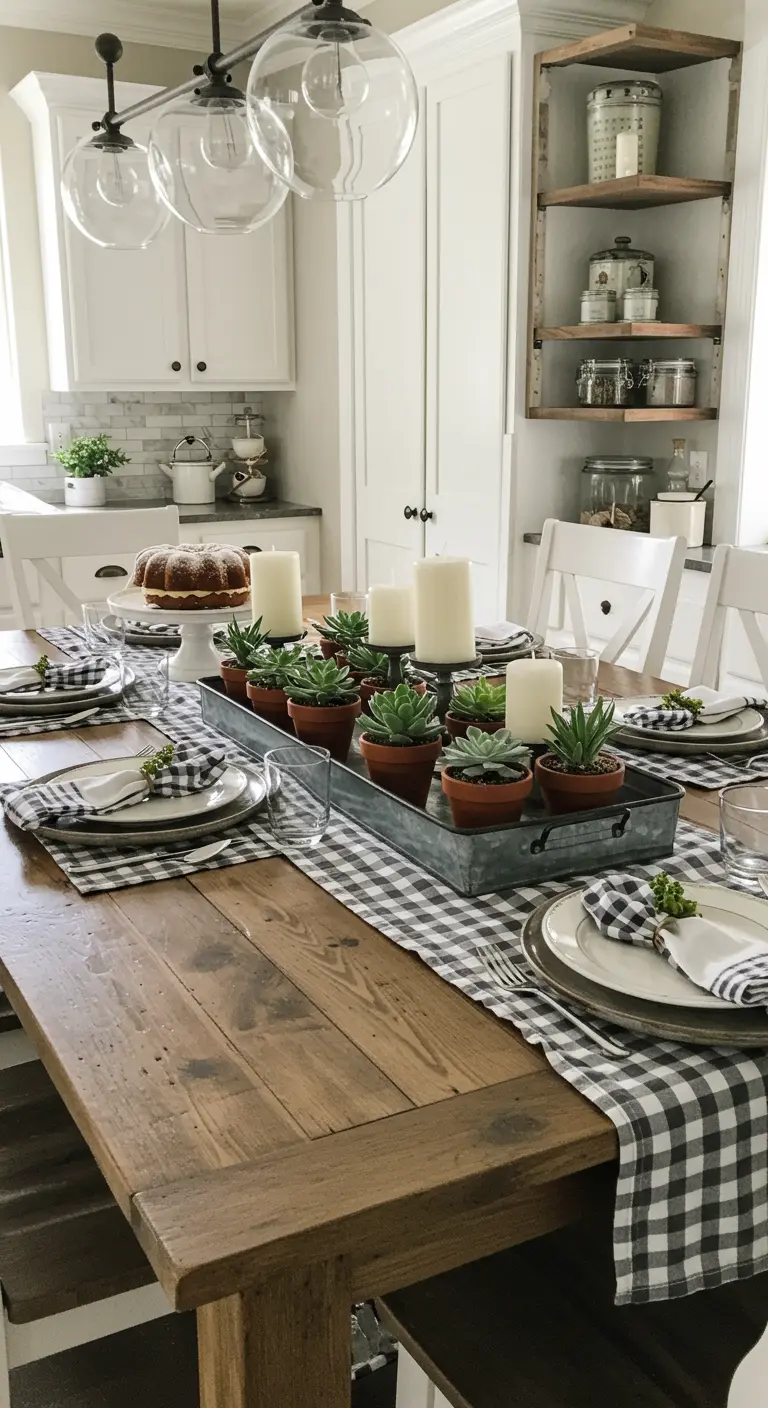Table de ferme avec un chemin de table à carreaux, des succulentes et des bougies.
