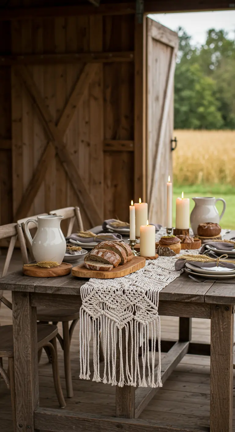 Table de ferme rustique avec chemin de table en macramé, pain et pichets en céramique.