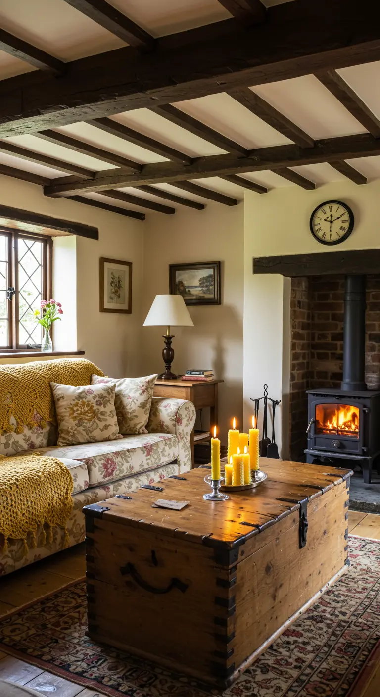 Salon de cottage avec poutres apparentes, poêle à bois et malle en bois comme table basse.