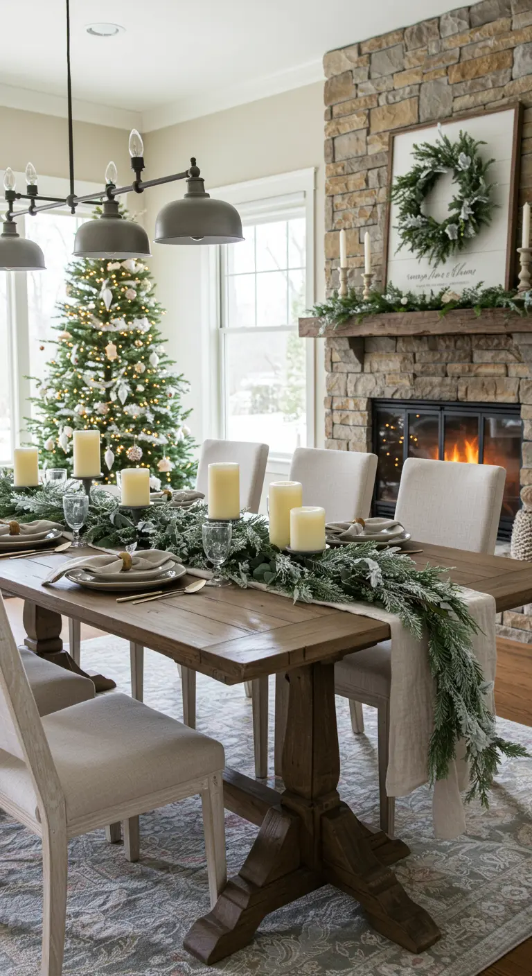 Table de fête rustique avec de grosses bougies et une longue guirlande de sapin.