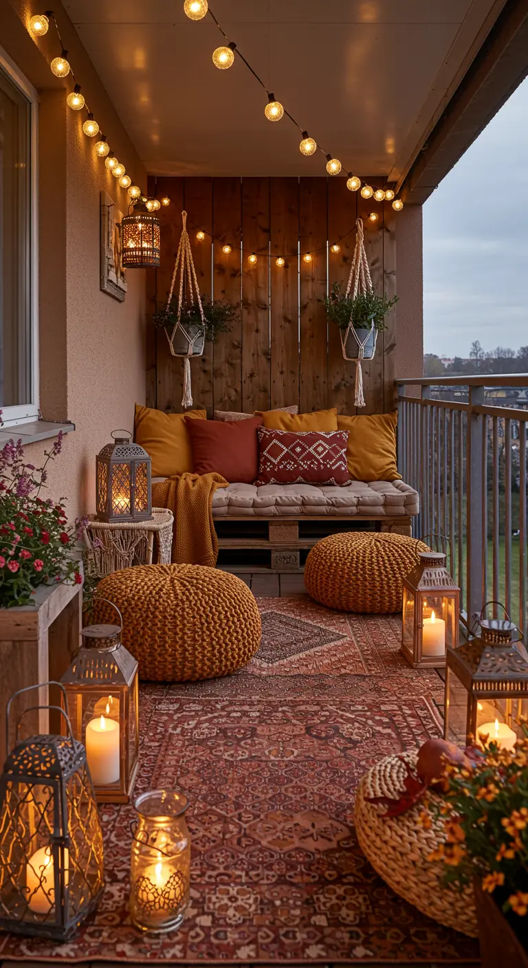 Balcon rustique avec canapé en palettes, coussins colorés, poufs en maille, tapis, lanternes et guirlande lumineuse.