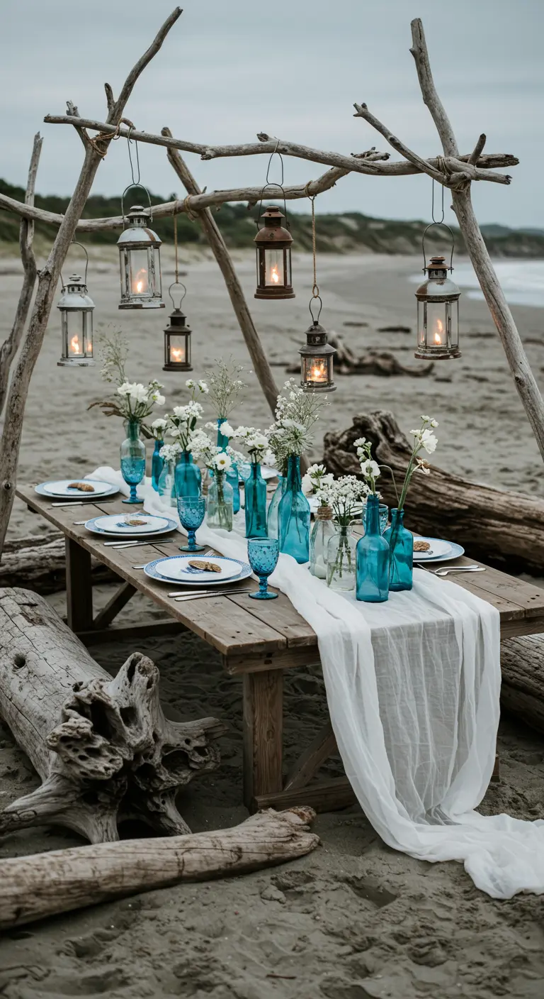 Table de pique-nique en bois sur la plage, sous une arche de bois flotté avec lanternes et fleurs blanches.