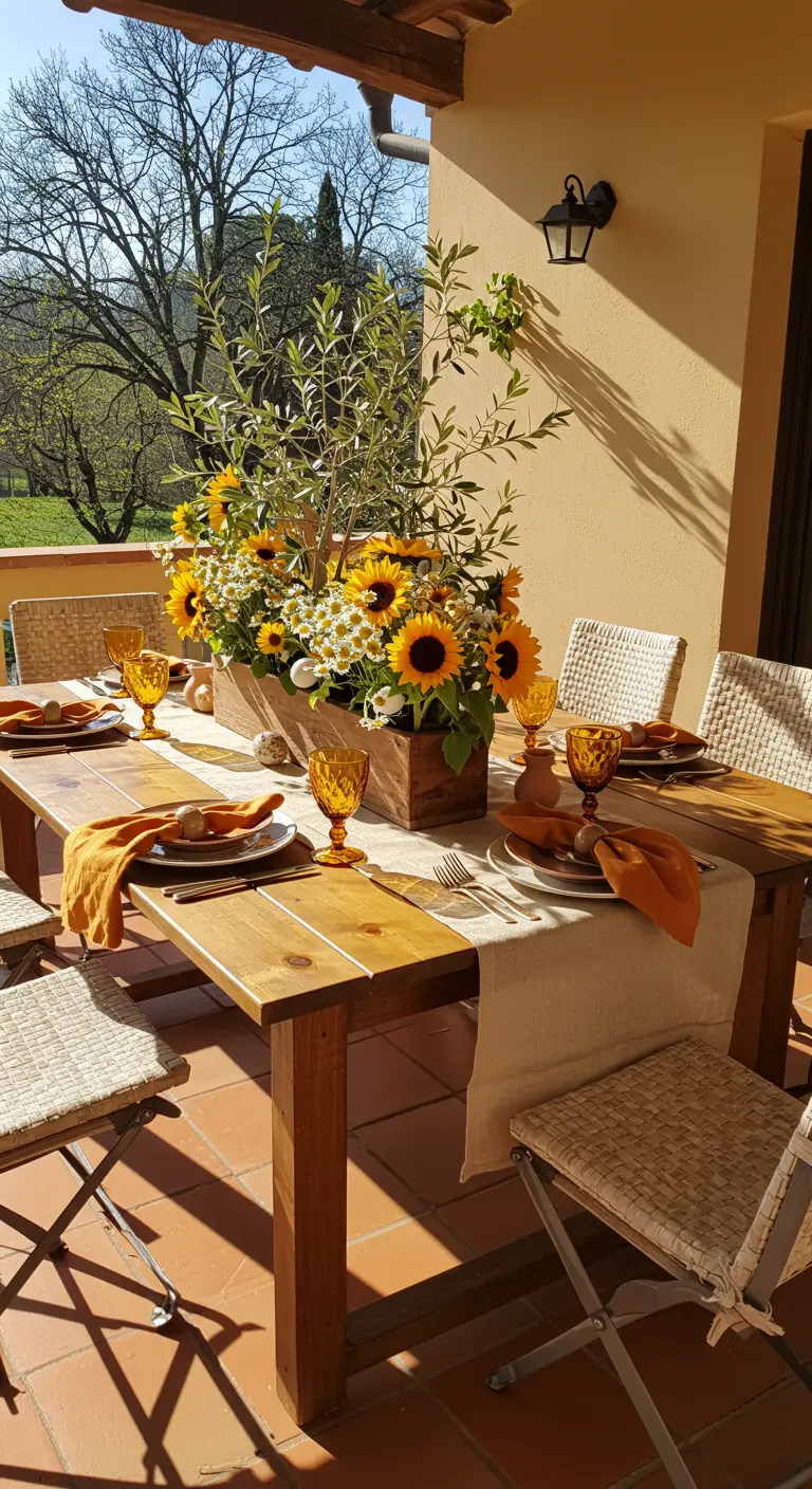 Centre de table avec tournesols et marguerites dans une caisse en bois sur une terrasse ensoleillée.