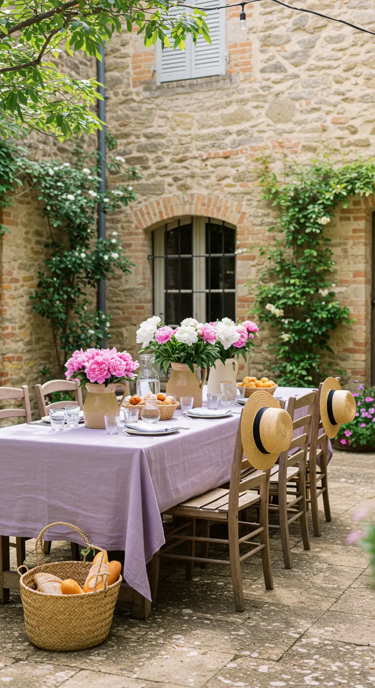Cour extérieure avec table en bois, nappe lavande, pivoines dans des pichets et chapeaux de paille.