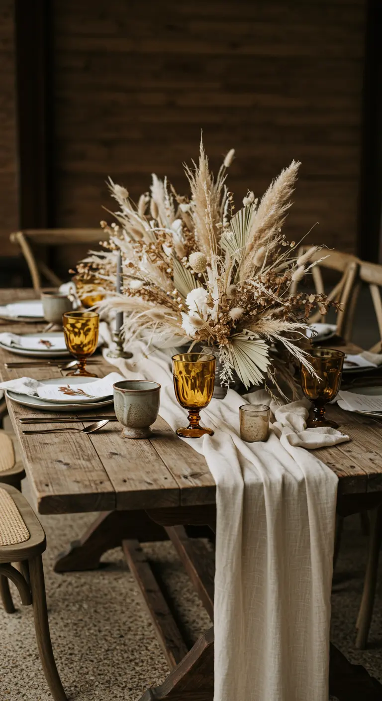 Centre de table rustique avec des fleurs séchées et de l'herbe de la pampa.