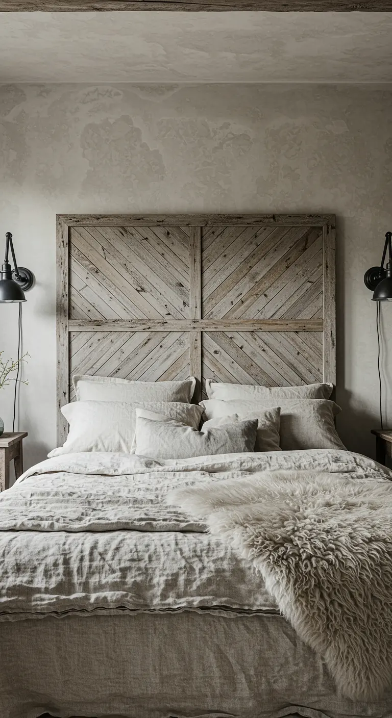 Tête de lit en bois de récupération avec des planches disposées en chevrons, style porte de grange.