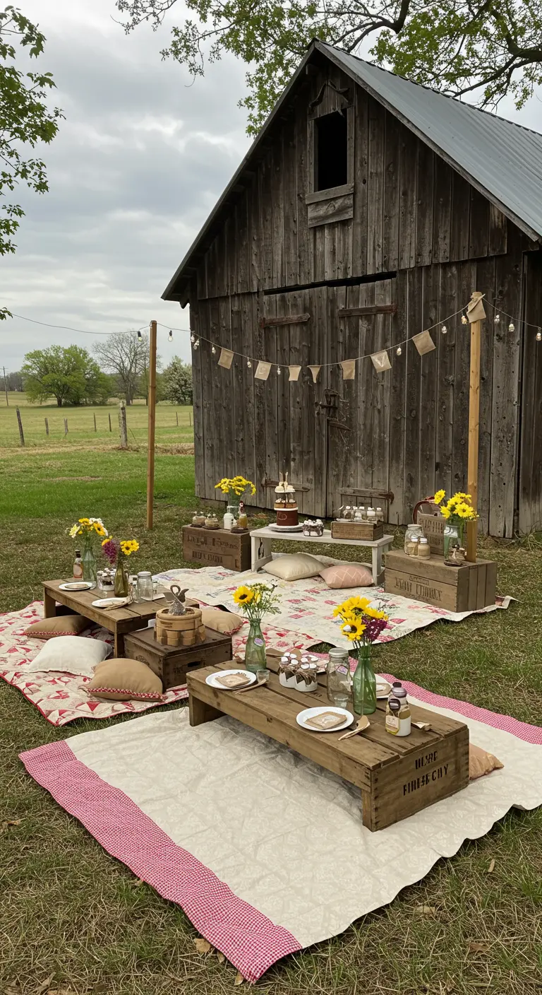 Pique-nique champêtre devant une grange en bois, nappes, caisses et tournesols.