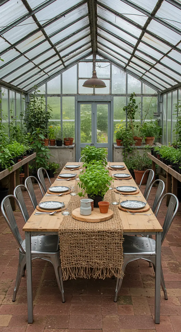 Chemin de table en maille de jute avec des pots d'herbes aromatiques dans une serre.