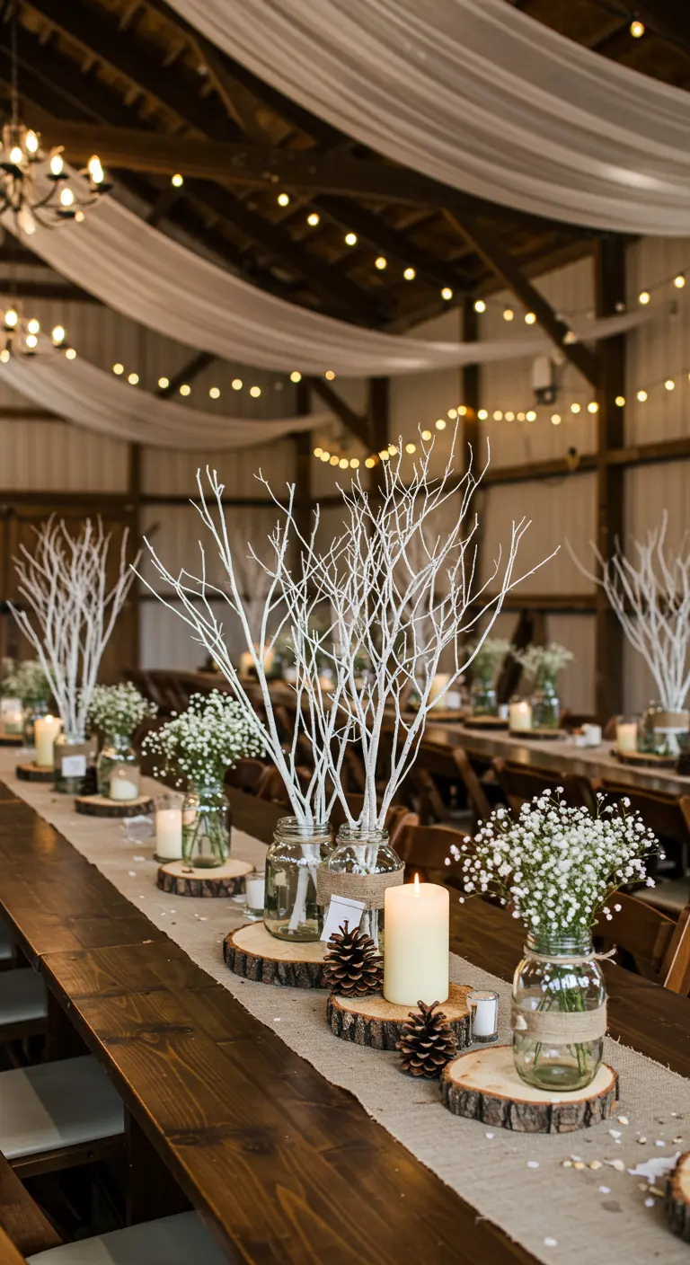 Décoration de mariage en grange avec des bocaux, des branches blanches, du gypsophile et des rondins de bois.