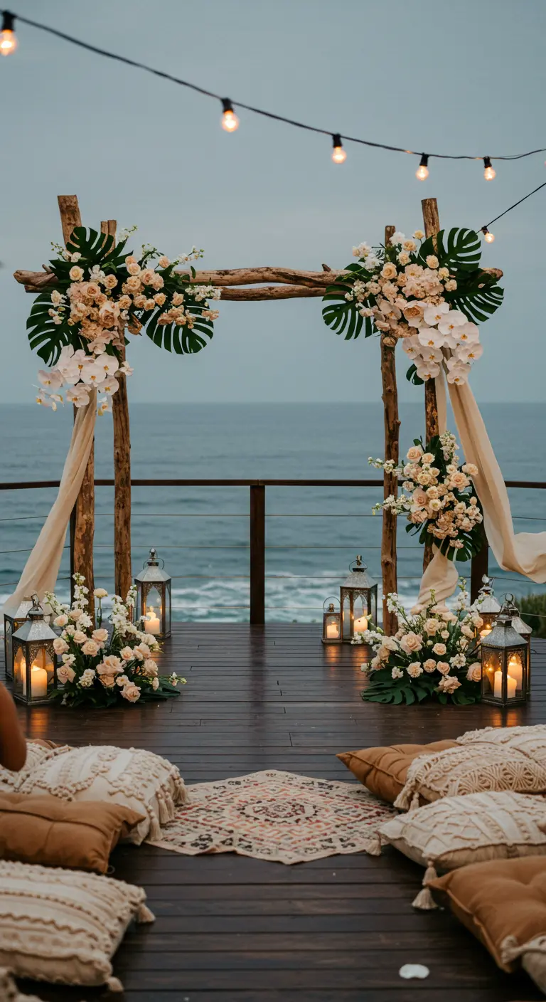 Arche en bois brut, fleurs pêche, monstera, tissu drapé, coussins de sol, vue sur l'océan.