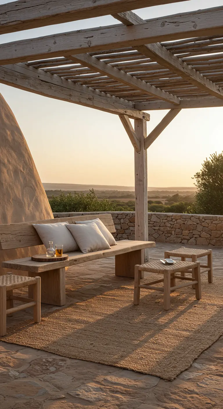 Pergola rustique en bois brut avec un banc massif et un tapis en jute au coucher du soleil.