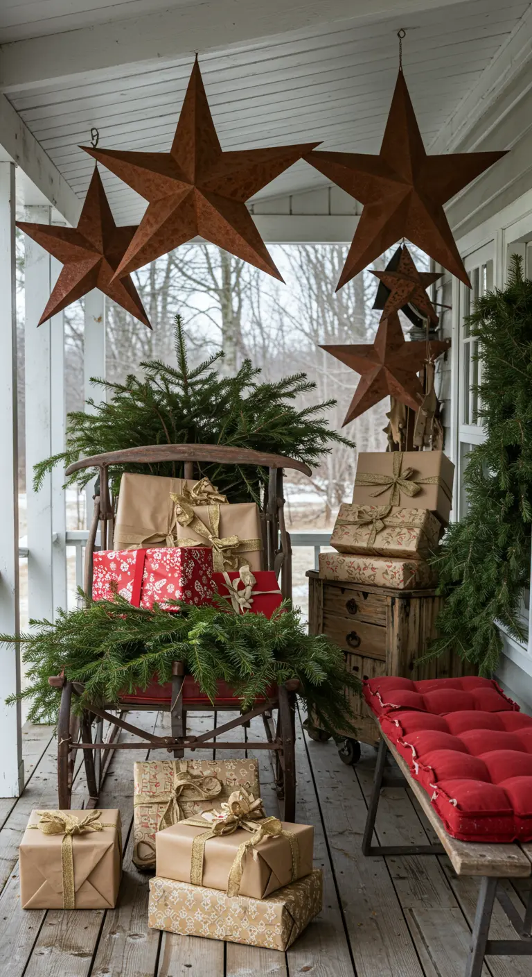 Porche rustique avec des étoiles en métal, des cadeaux et des branches de sapin.