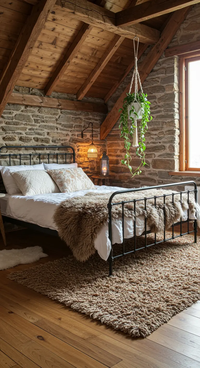 Chambre rustique avec murs en pierre, poutres en bois, lit en métal et plaid fourrure.