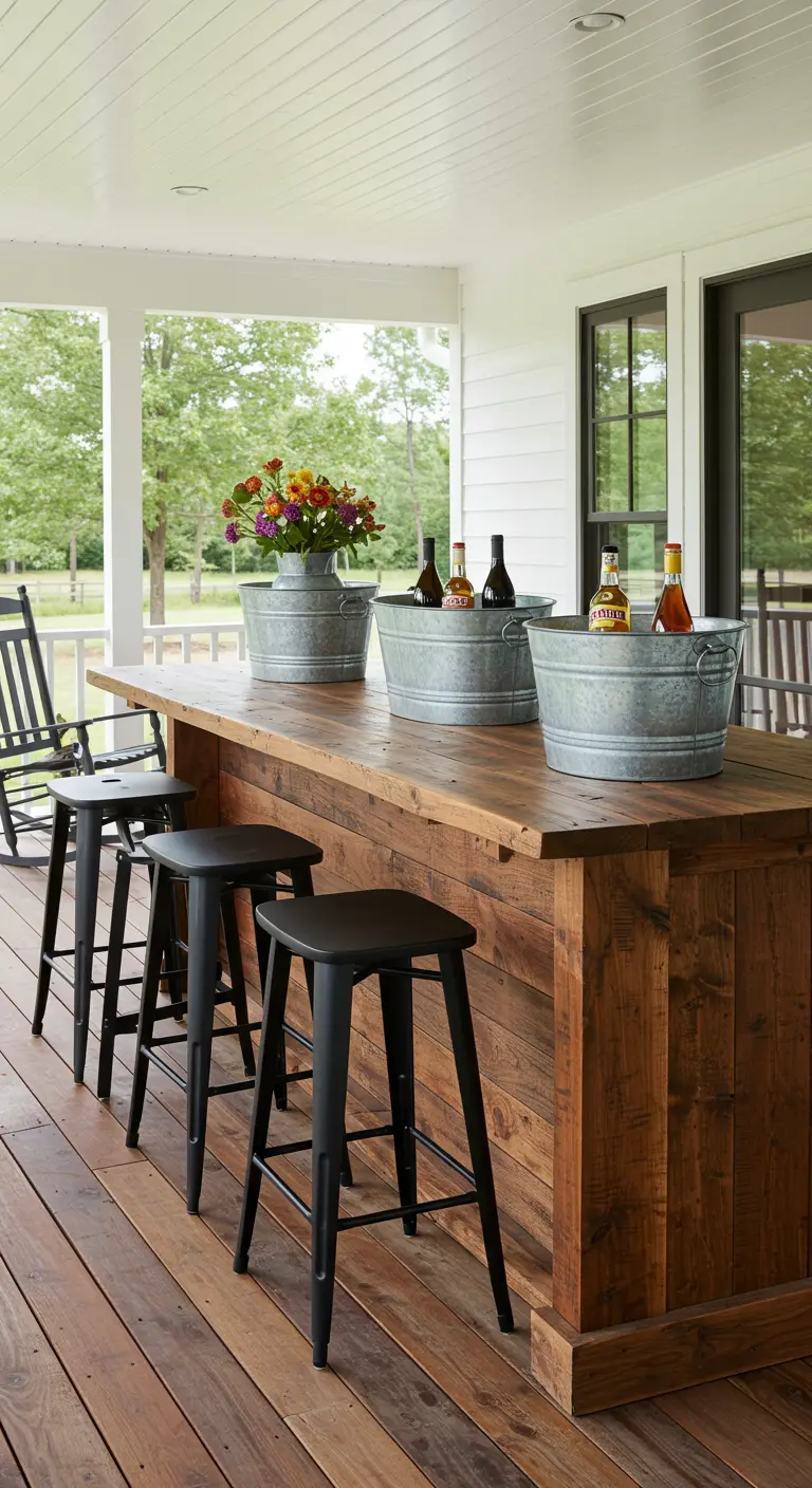 Bar de porche rustique en bois de récupération avec des seaux en zinc.