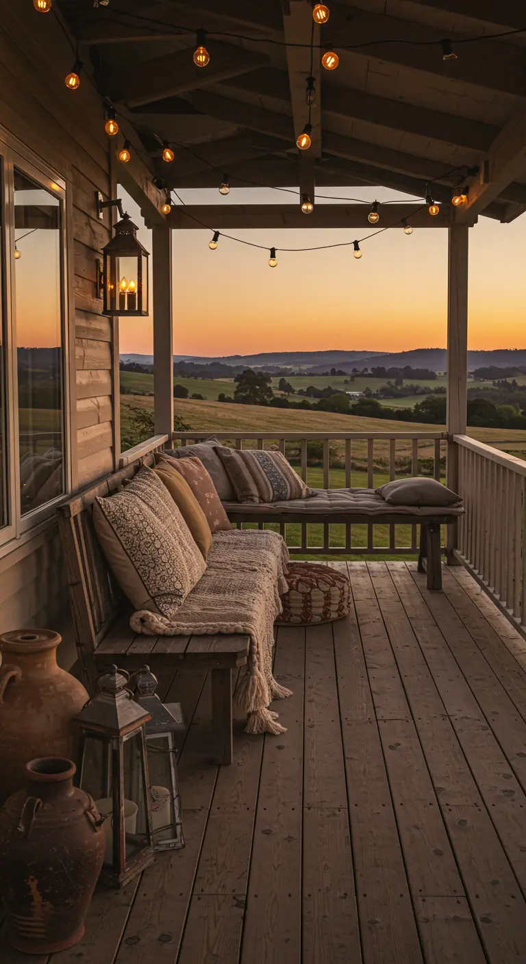Porche de campagne avec des bancs en bois, de nombreux coussins et des poteries