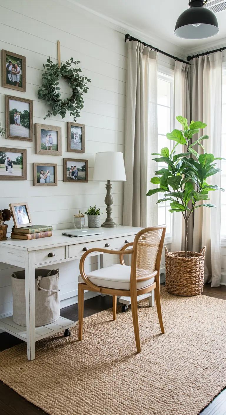 Bureau de style farmhouse avec mur en lambris, tapis en jute et mur de cadres.