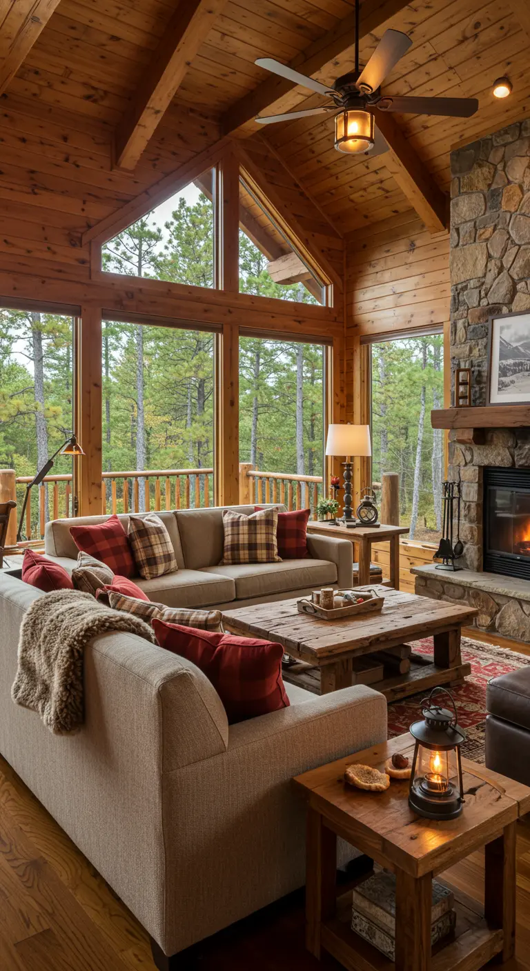 Canapé beige dans un chalet en bois avec des coussins à carreaux rouges et un plaid douillet.