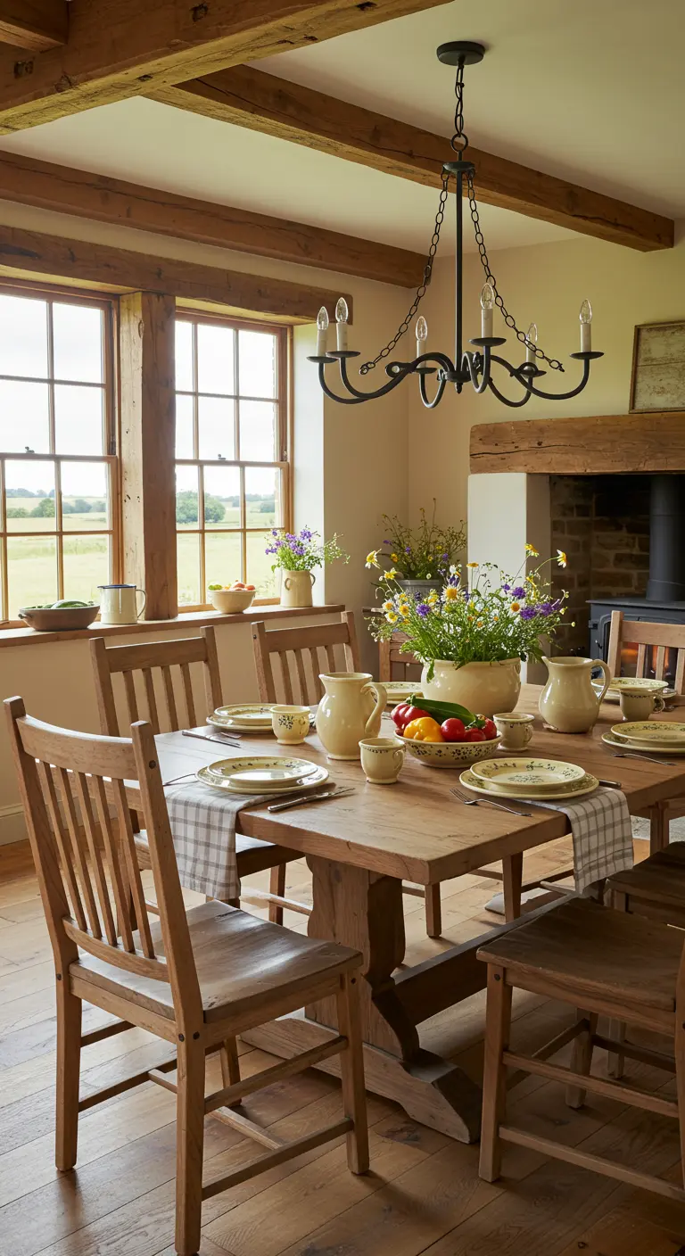 Table de salle à manger rustique avec vaisselle crème, chemin de table à carreaux et fleurs sauvages.