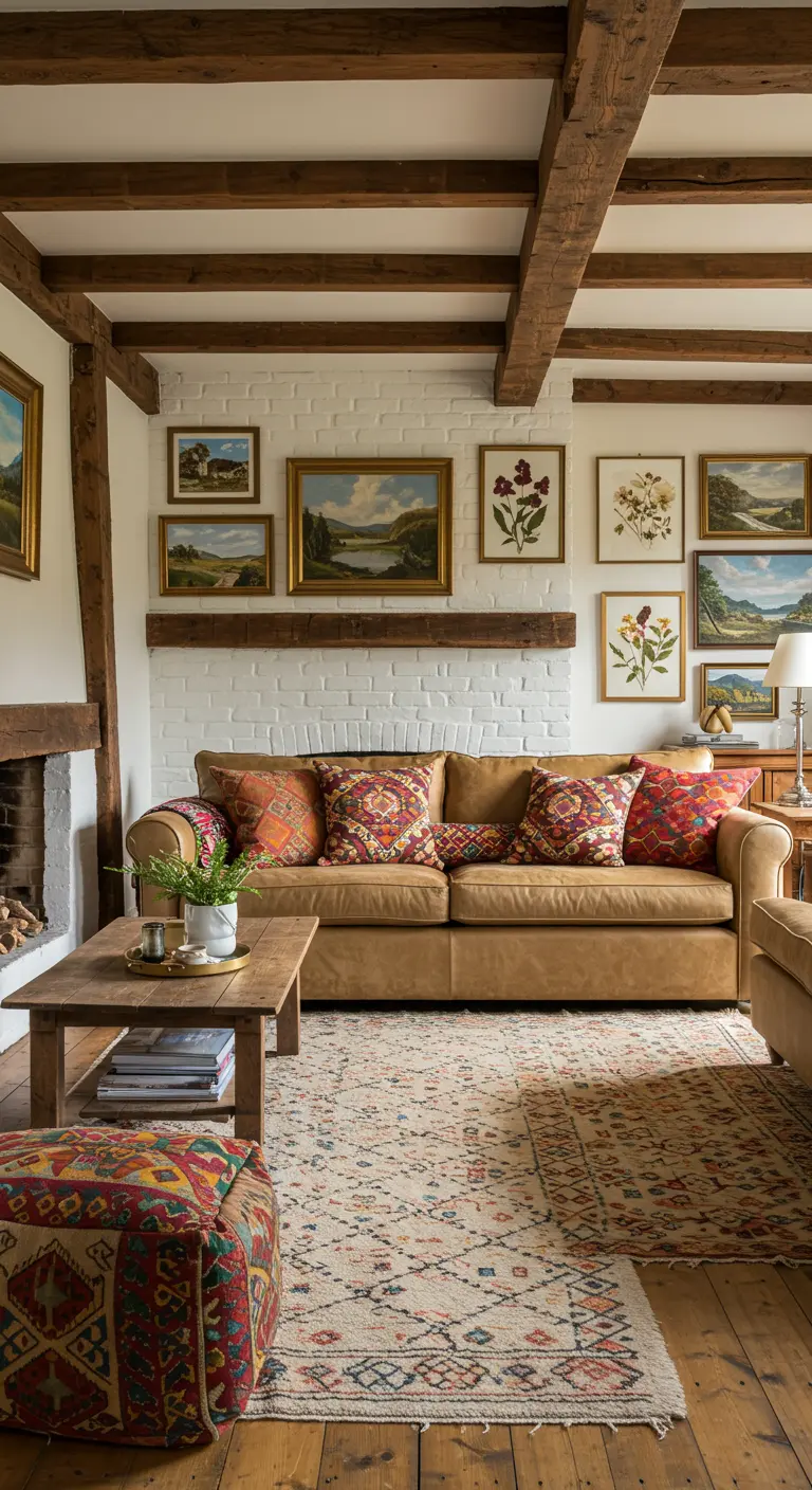 Salon rustique avec poutres apparentes, canapé en cuir et un mur de paysages encadrés.