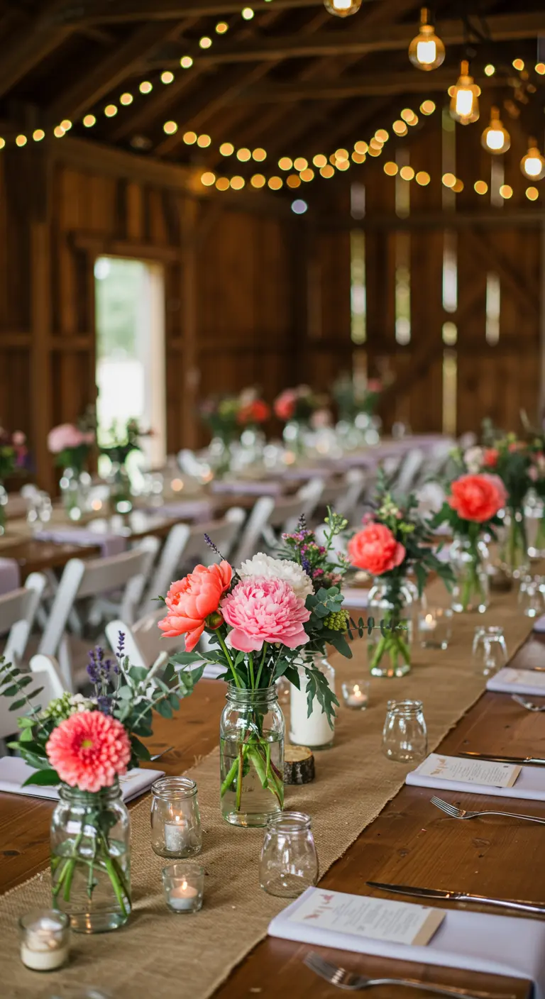 Tables de mariage rustiques dans une grange, pivoines roses et fleurs sauvages dans des bocaux, guirlandes lumineuses.