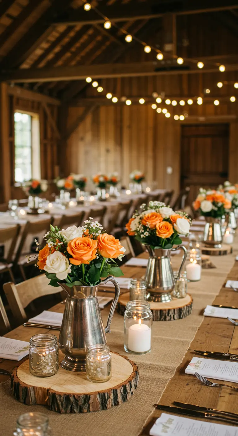 Décoration de table rustique avec des pichets en argent, des roses et des rondins de bois.
