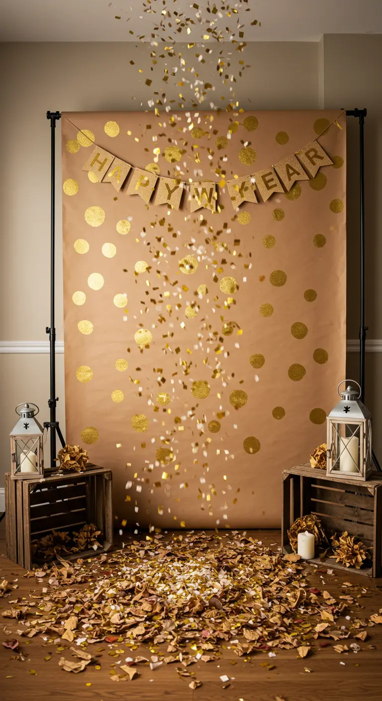 Photobooth rustique avec fond papier kraft à pois dorés, lanternes, caisses en bois et confettis.