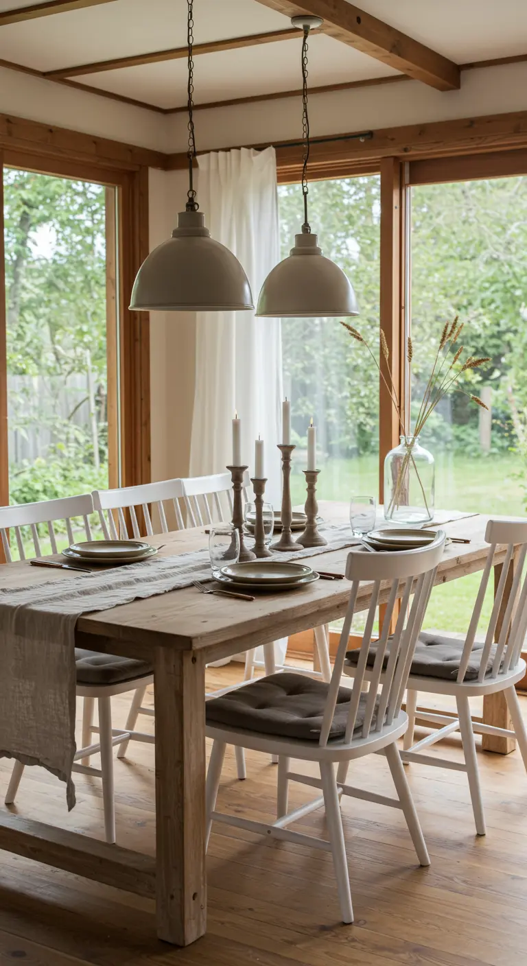 Table rustique Japandi en bois clair, chaises blanches, chemin de table en lin, chandeliers en bois, épis de blé.