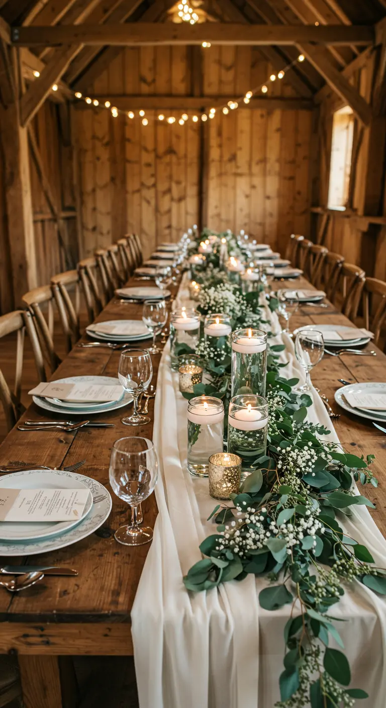 Table de mariage rustique dans une grange, avec chemin de table en eucalyptus et bougies.