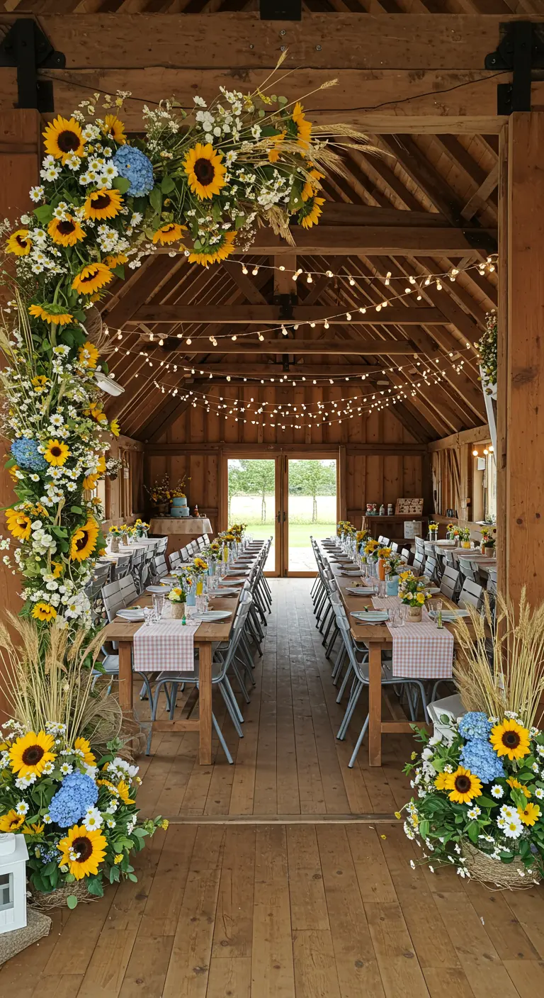 Entrée d'une grange décorée d'une arche de tournesols pour une réception rustique.