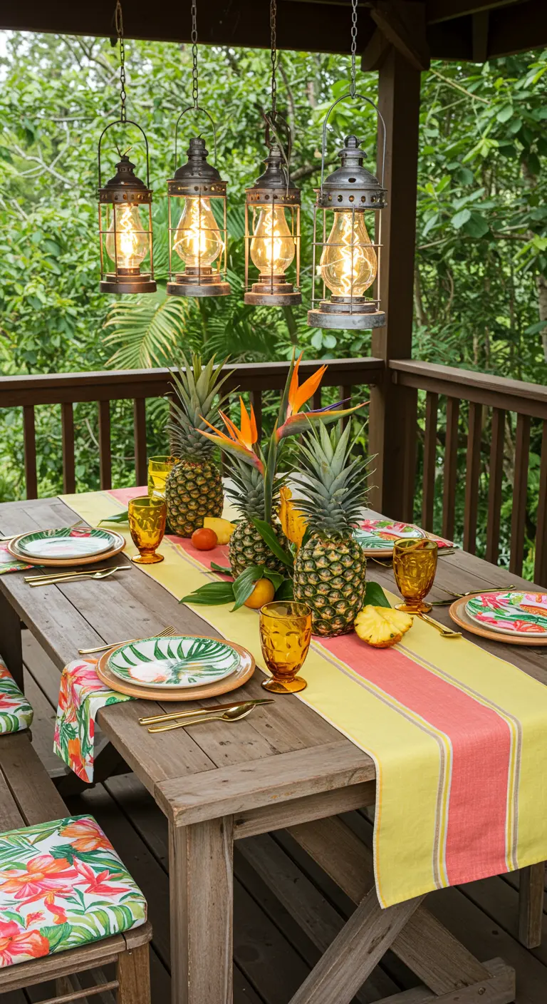 Table en bois rustique avec chemin de table jaune/orange, ananas, fruits, verres ambrés et lanternes suspendues.