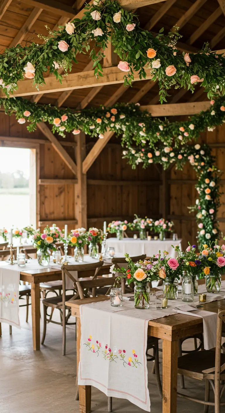 Intérieur de grange décoré de guirlandes florales, tables en bois avec petits bouquets de fleurs colorées.