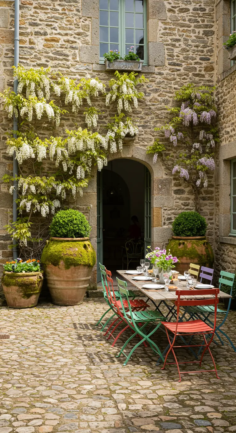 Cour pavée avec une table et des chaises colorées, entourée de murs en pierre couverts de glycine.