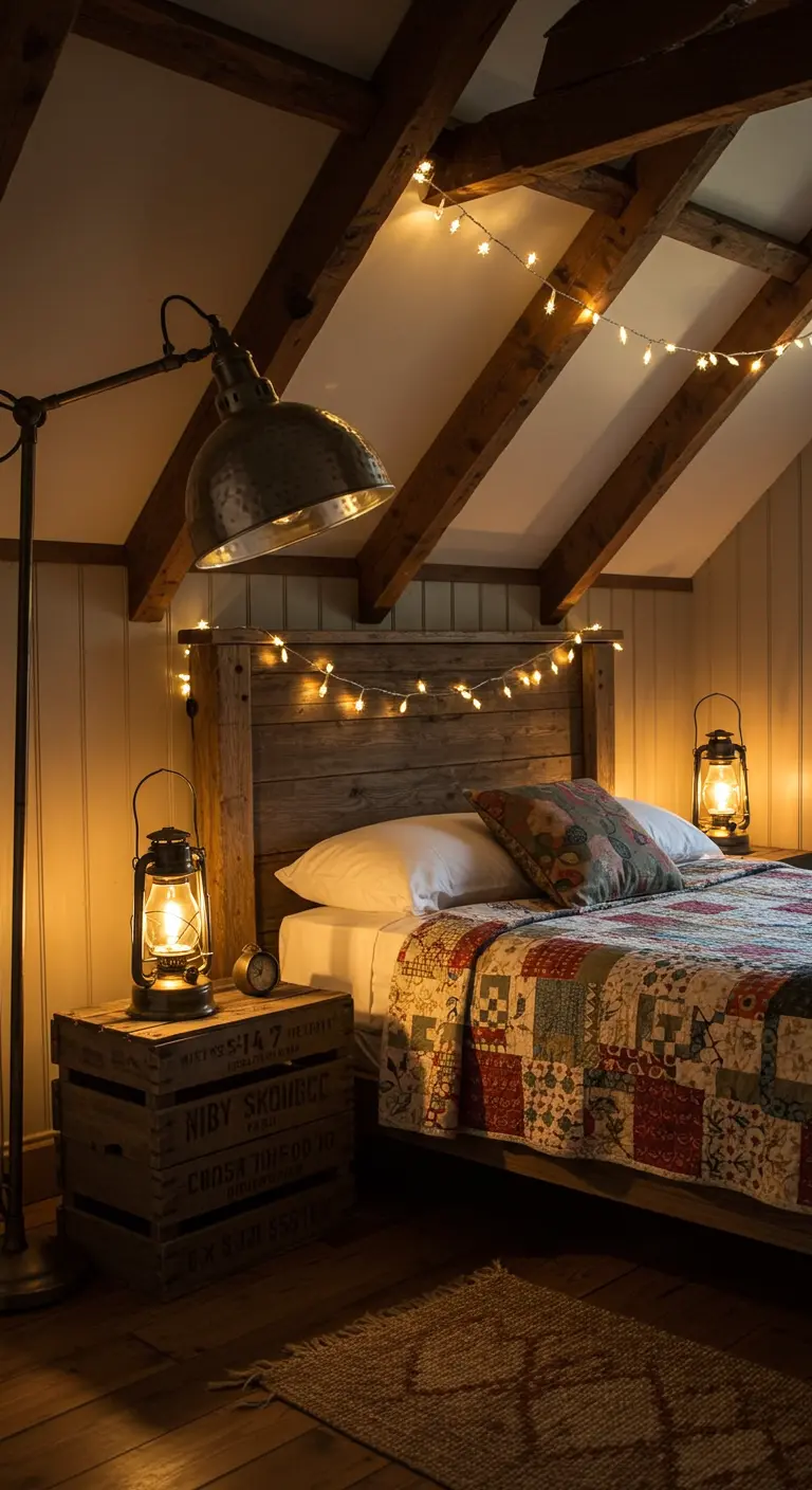 Chambre rustique avec poutres apparentes, guirlandes lumineuses, lit en bois et lanternes sur les chevets.