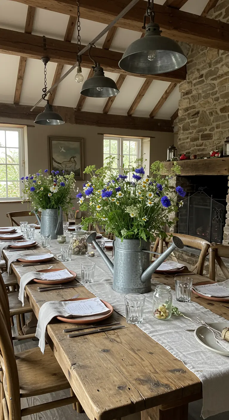 Table de campagne rustique avec des bouquets de fleurs sauvages dans des arrosoirs.