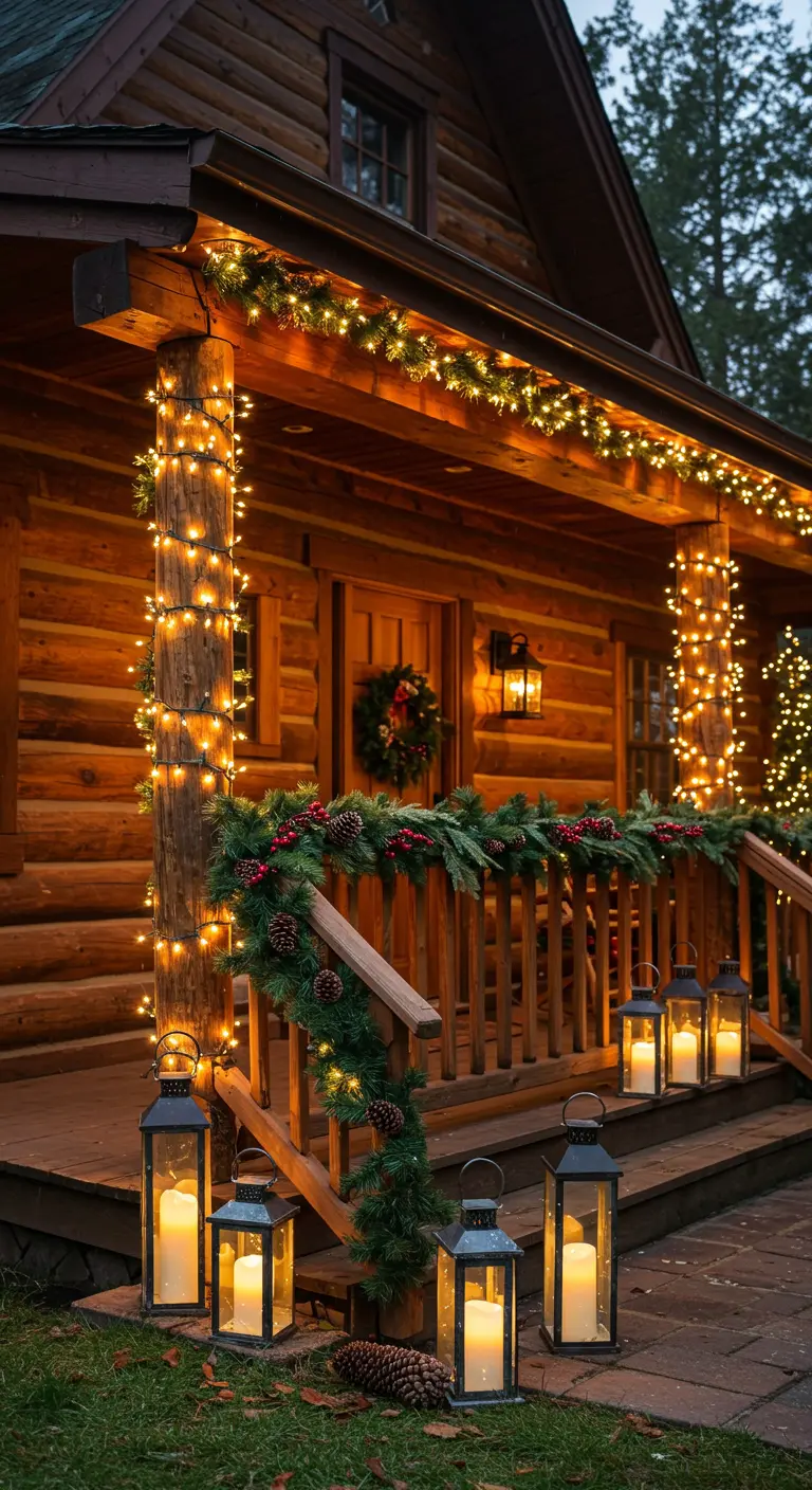 Chalet en bois décoré de guirlandes de sapin, de lumières chaudes et de lanternes avec bougies.
