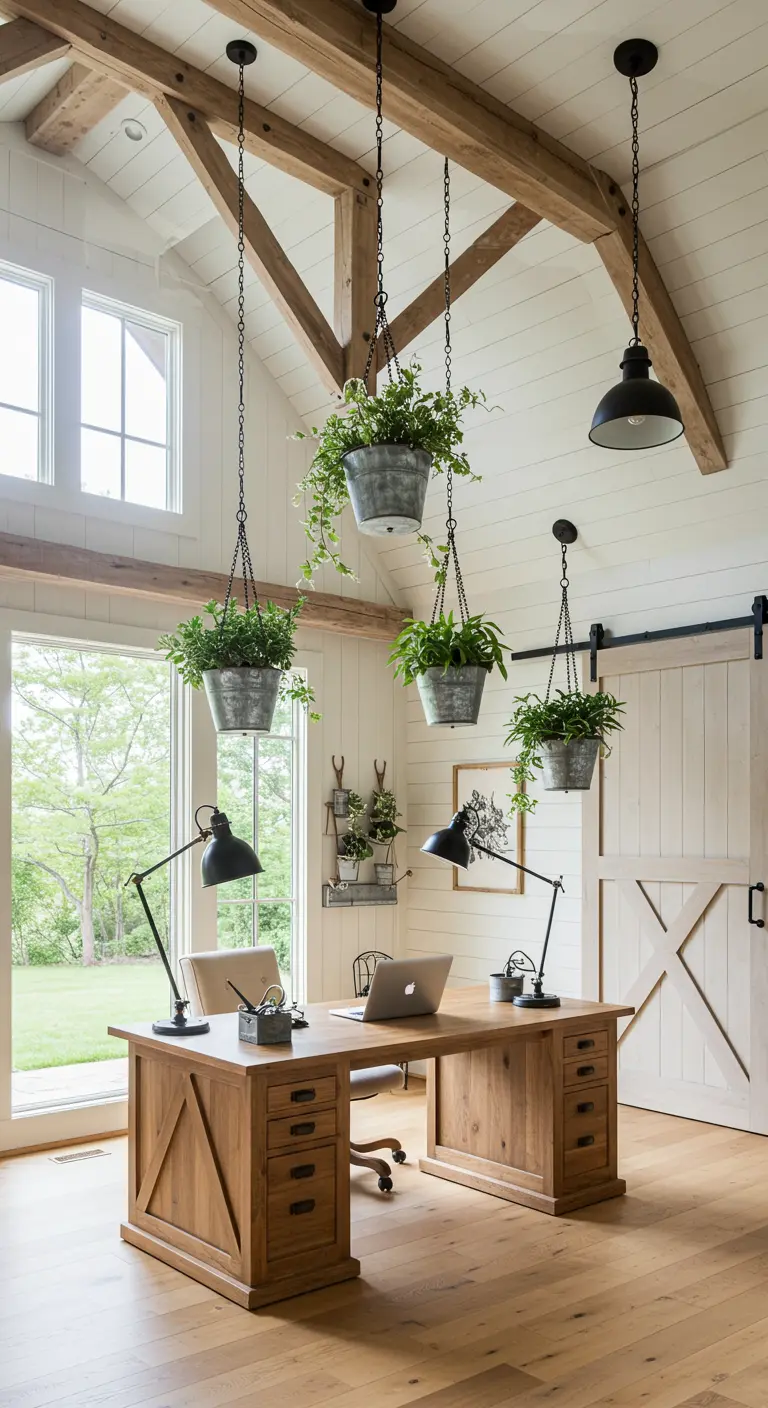 Bureau de ferme moderne avec des plantes dans des seaux en métal.