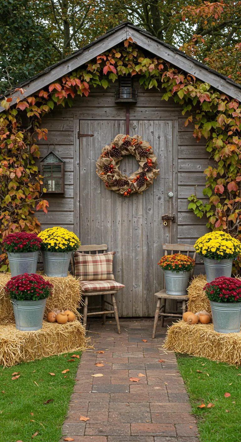 Cabanon de jardin rustique décoré de vignes, d'une couronne en toile de jute, de chrysanthèmes dans des seaux galvanisés et de bottes de paille.