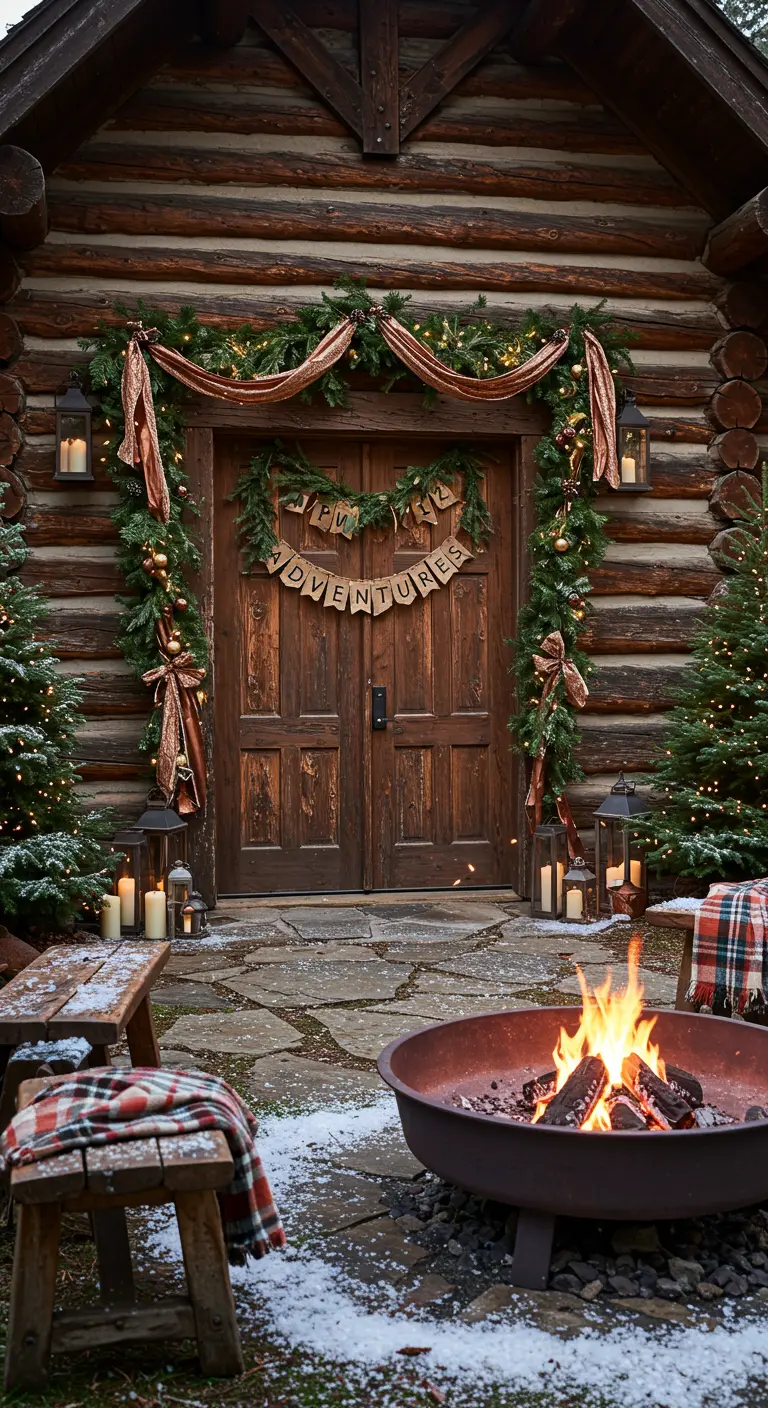 Porte en bois de chalet, guirlandes de sapin, rubans, bannière