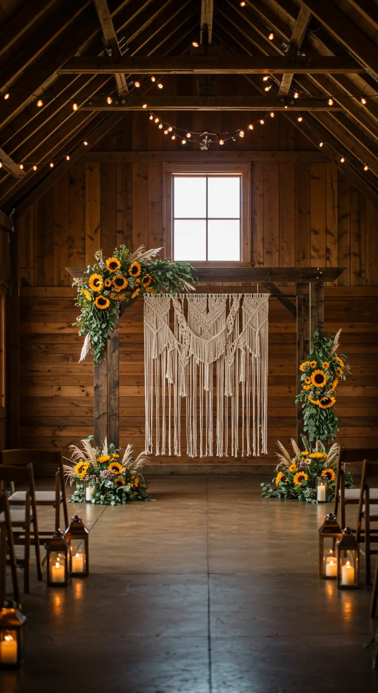 Arche en bois rustique dans une grange, décorée de tournesols et de macramé.