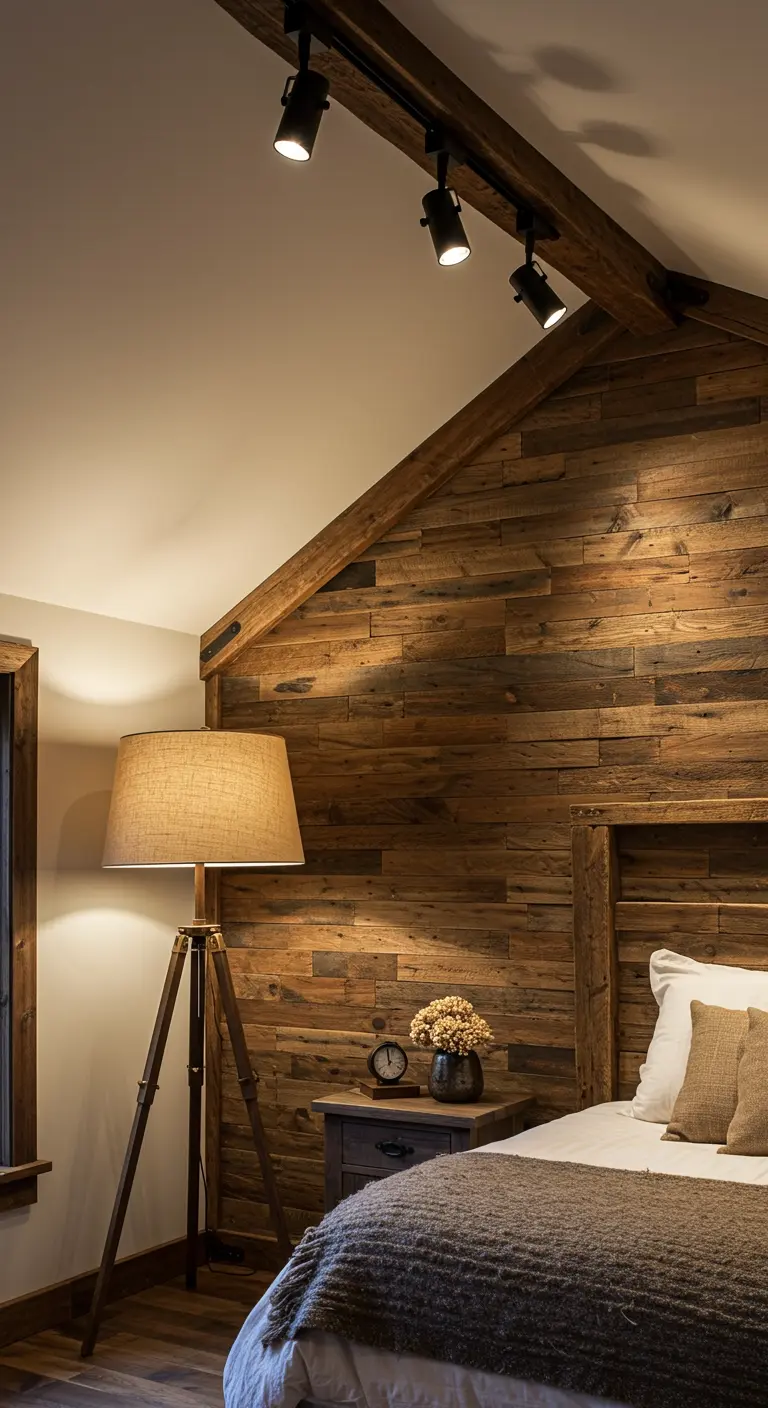 Chambre rustique avec mur en bois de grange et lampadaire tripode.