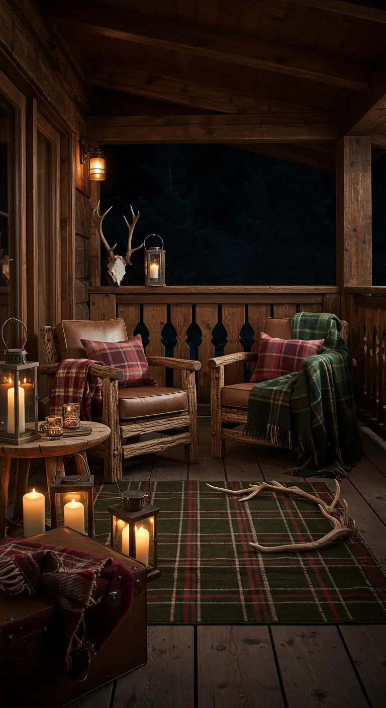 Balcon chalet avec fauteuils cuir, plaids tartan, tapis à carreaux et bois de cerf décoratifs.