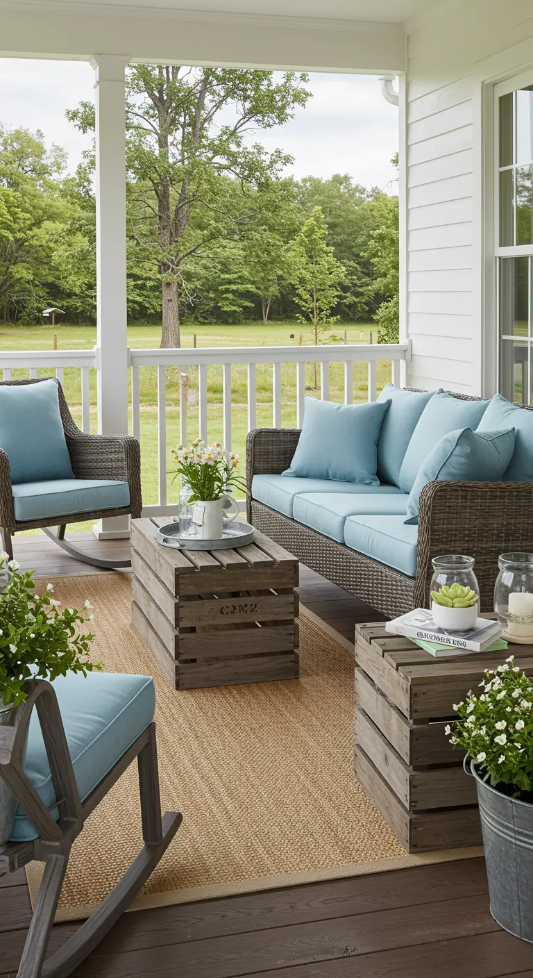 Salon de jardin en rotin brun avec coussins bleu poudré et tables basses faites de caisses en bois.