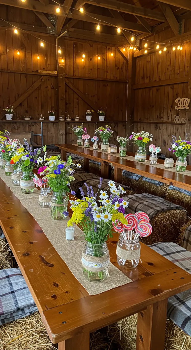 Table de fête rustique dans une grange avec des bocaux de fleurs et de sucettes.