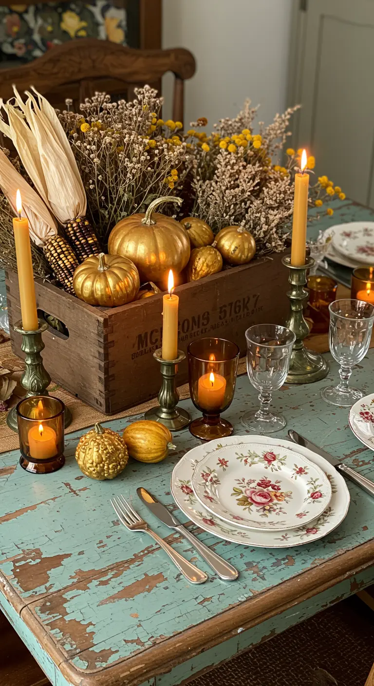 Une table en bois patiné vert d'eau, décorée d'une caisse en bois remplie de fleurs séchées, de citrouilles dorées et de bougies.