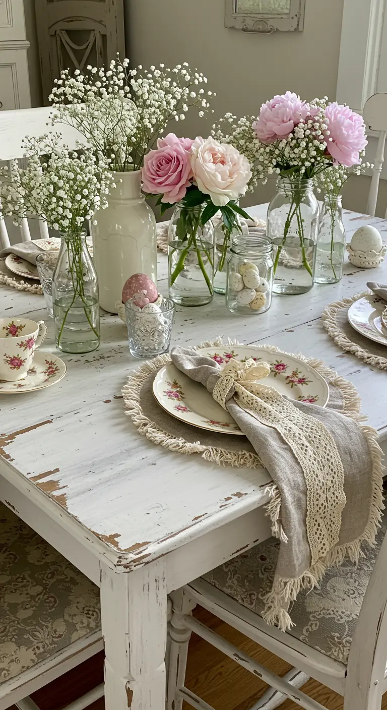 Table de Pâques style shabby chic avec fleurs roses et vaisselle vintage.