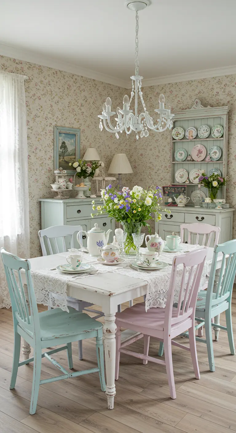 Salle à manger shabby chic avec papier peint fleuri, chaises pastel et vaisselle délicate.