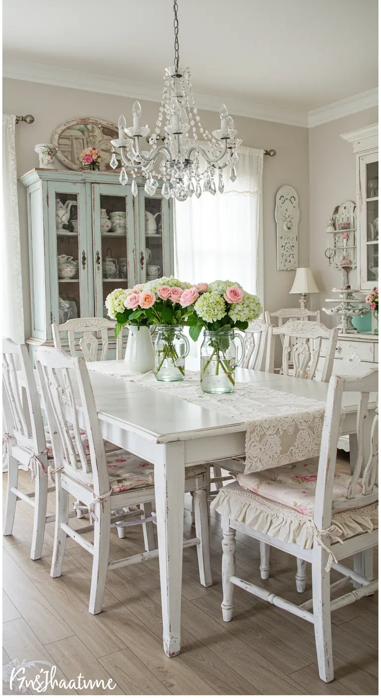 Table Shabby Chic blanche avec bouquets de roses et hortensias roses
