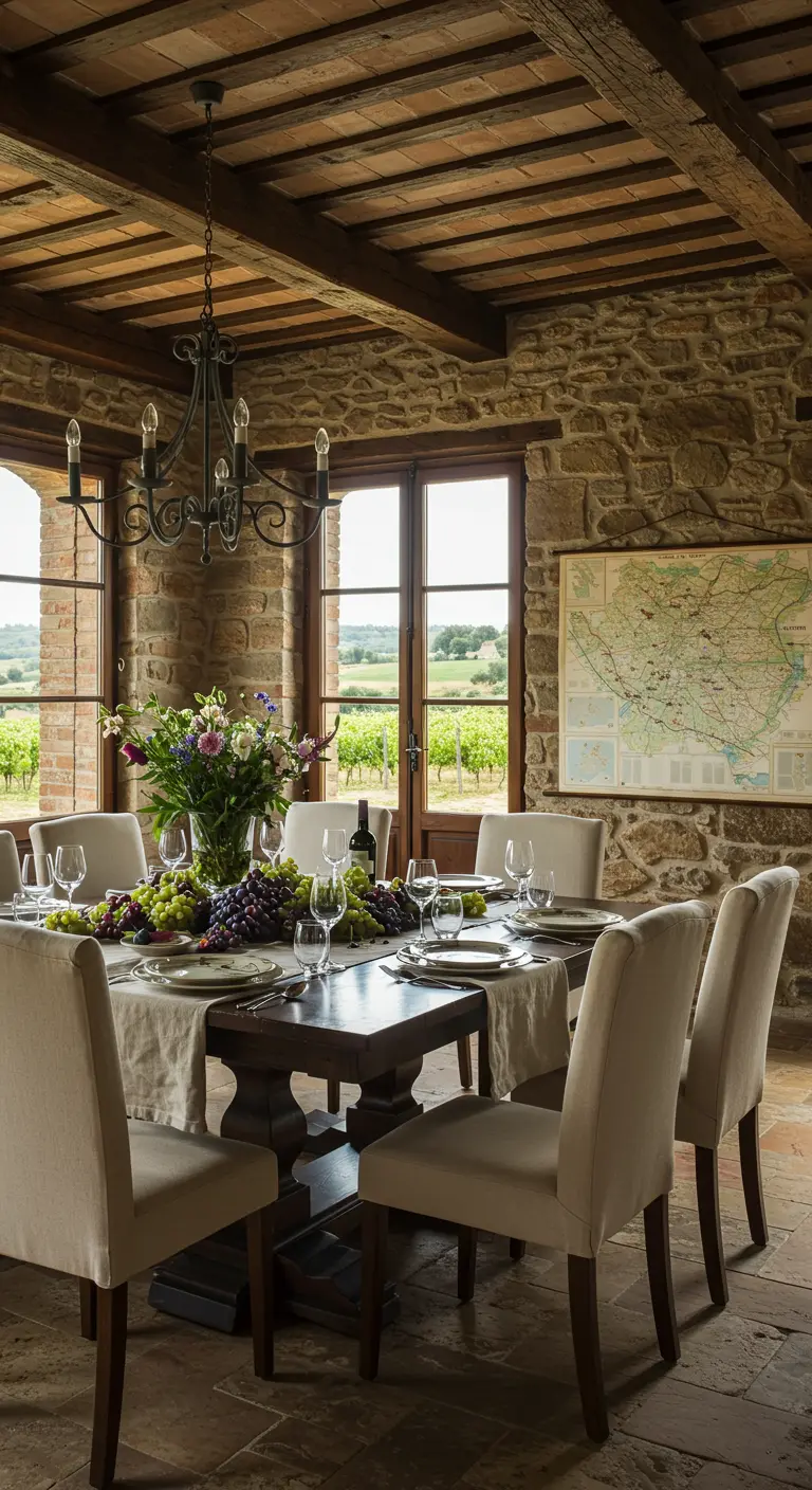 Table toscane avec vaisselle neutre, chemin de table en lin et grappes de raisins.