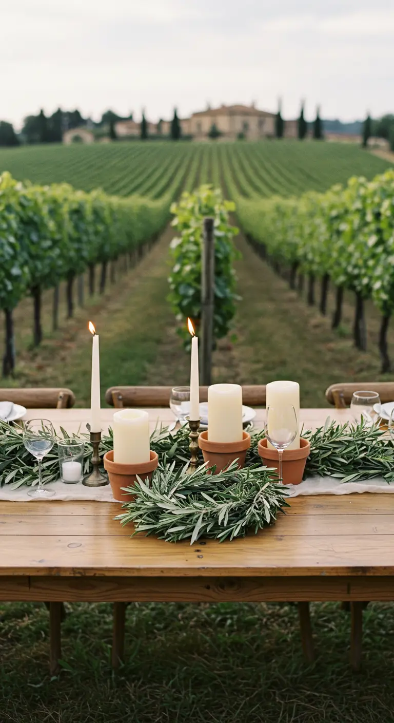 Centre de table rustique avec des couronnes d'olivier et des bougies dans des pots en terre cuite